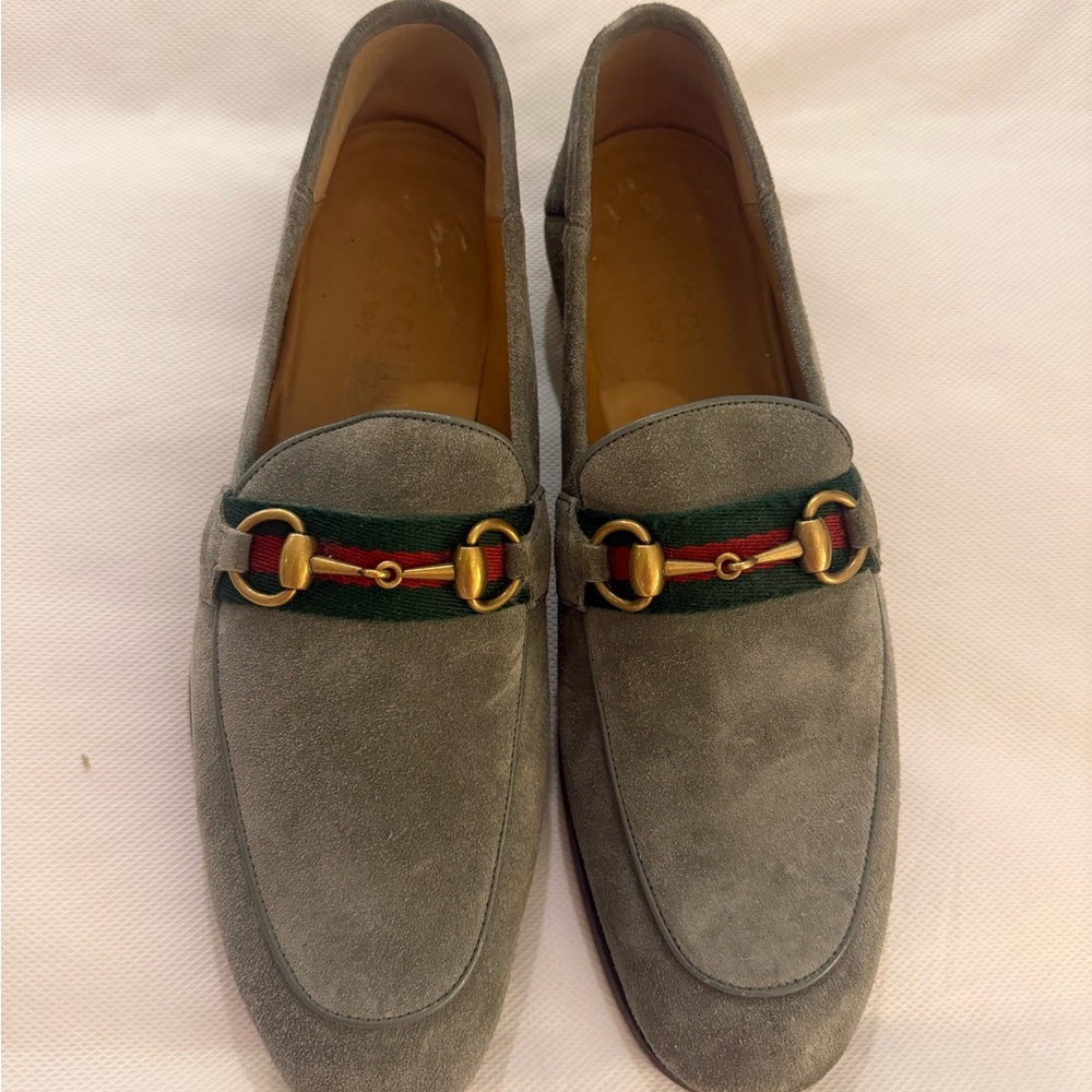 Gray Suede Loafers with Gold horsebit